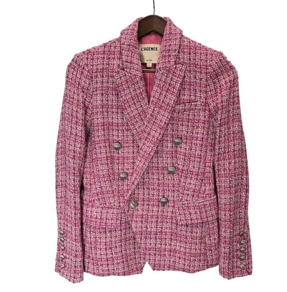 L'AGENCE Kenzie Pink Tweed Double Breasted Blazer Jacket Size 2 Cotton Blend